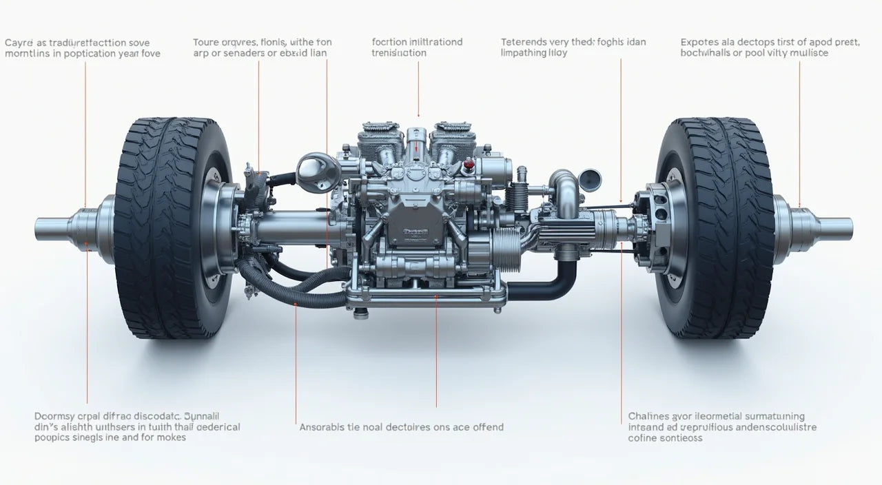Technical specifications infographic highlighting engine displacement, suspension design, and tire tread patterns