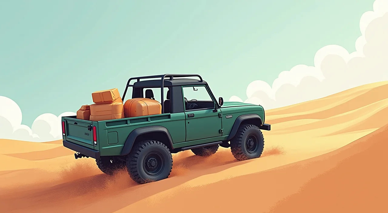 A utility vehicle navigating terrain with cargo, showing durability and carrying capacity in action