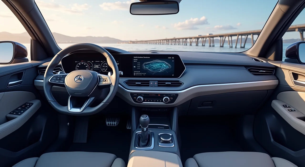 Dashboard controls, digital displays, and climate adjustment features integrated into modern vehicle interiors.